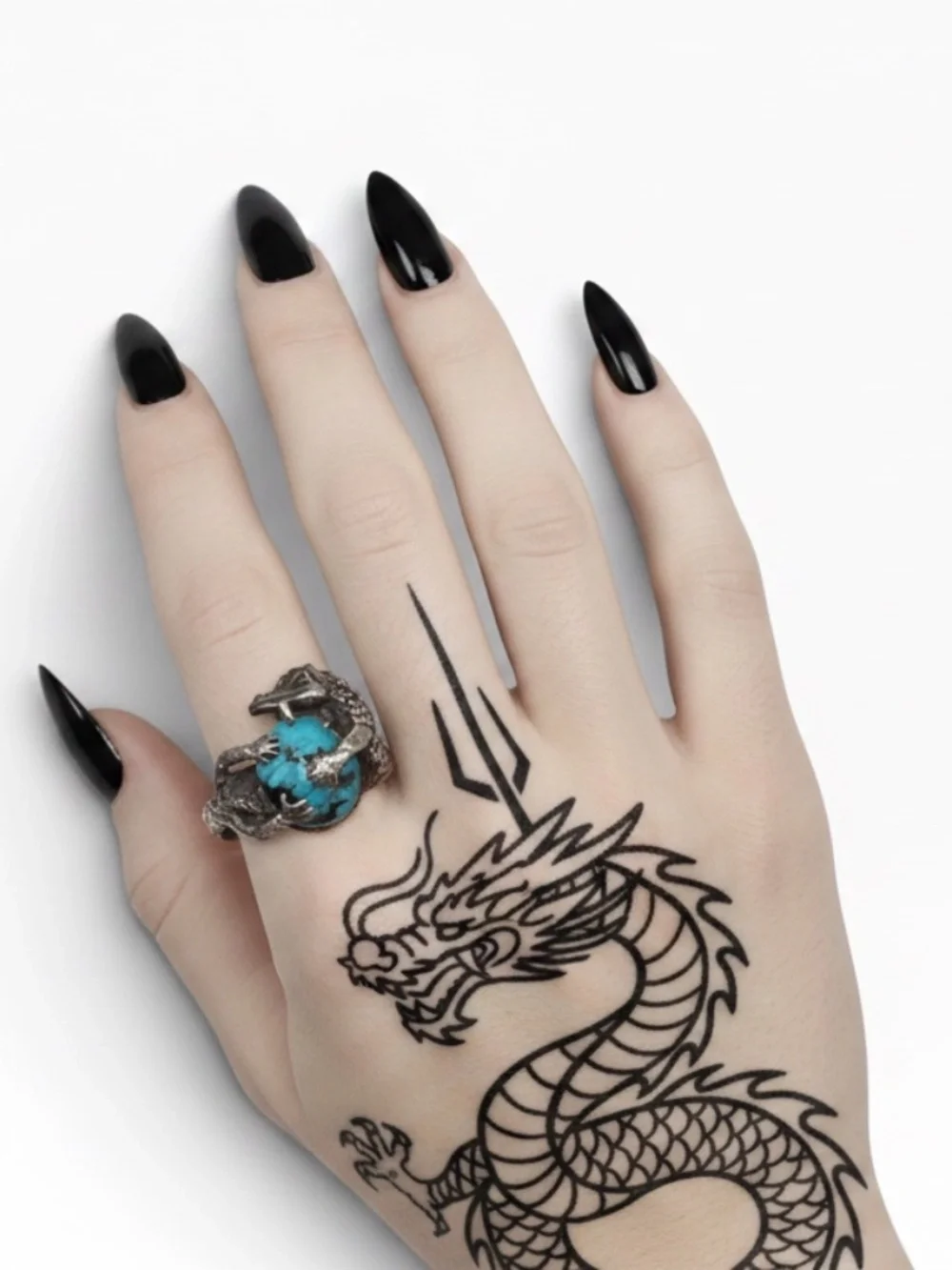 Size 8.5 Vintage Sterling Silver Dragon Turquoise Ring, Figural Dragon Claw